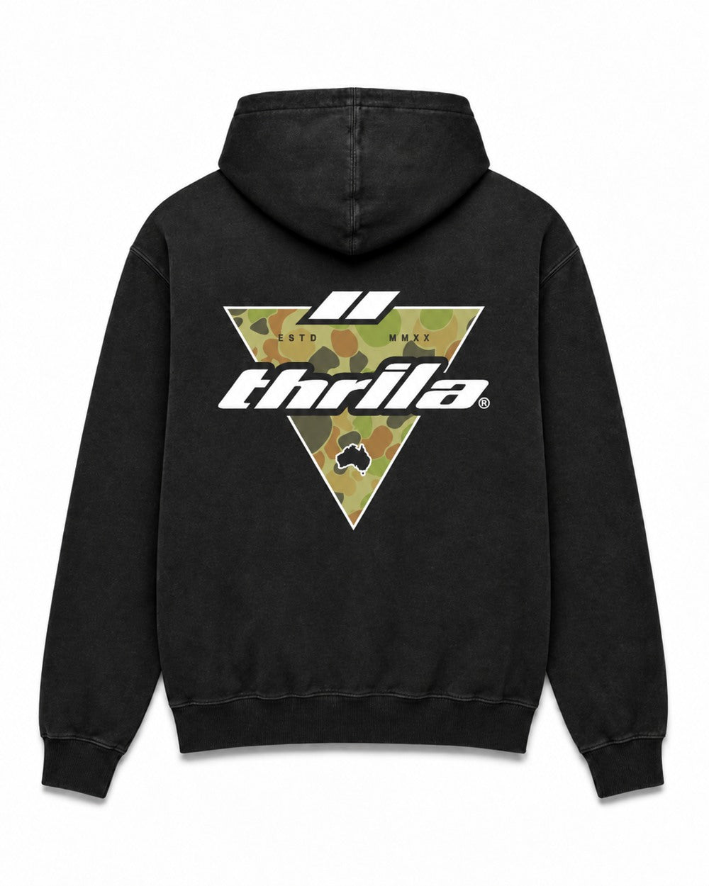 Auscam black hoodie — large camo triangle THRILA back print