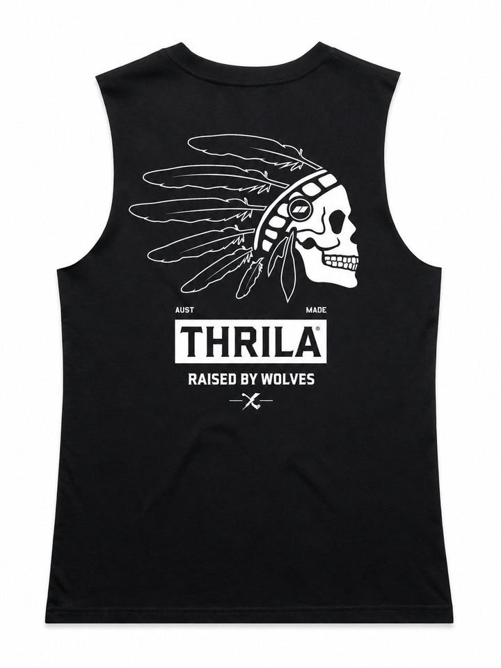Comanche artwork on a black ladies tank, back view