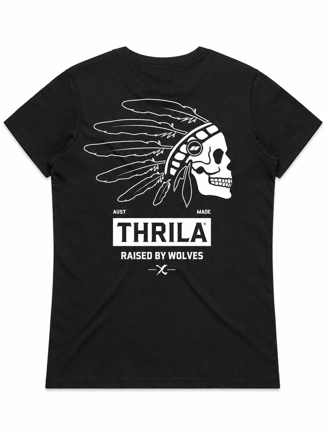 Comanche artwork on a black ladies tee, back view