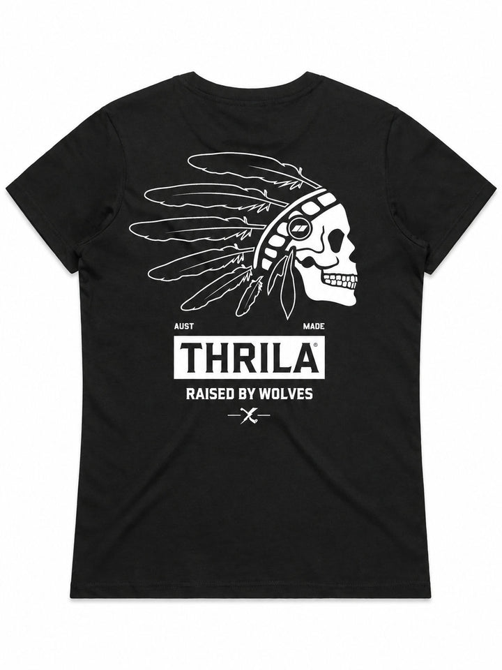 Comanche artwork on a black ladies tee, back view