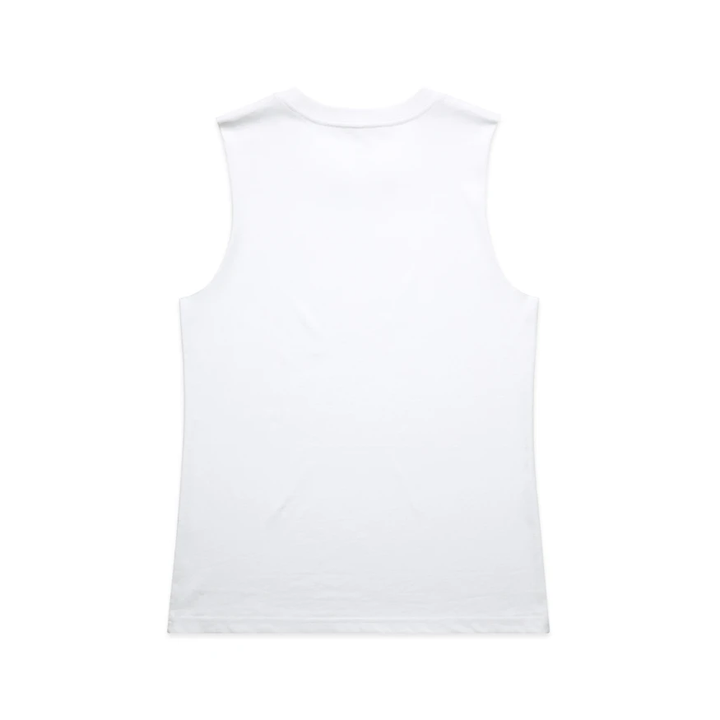 Stealth low-branding ladies tank in white, back view with no print