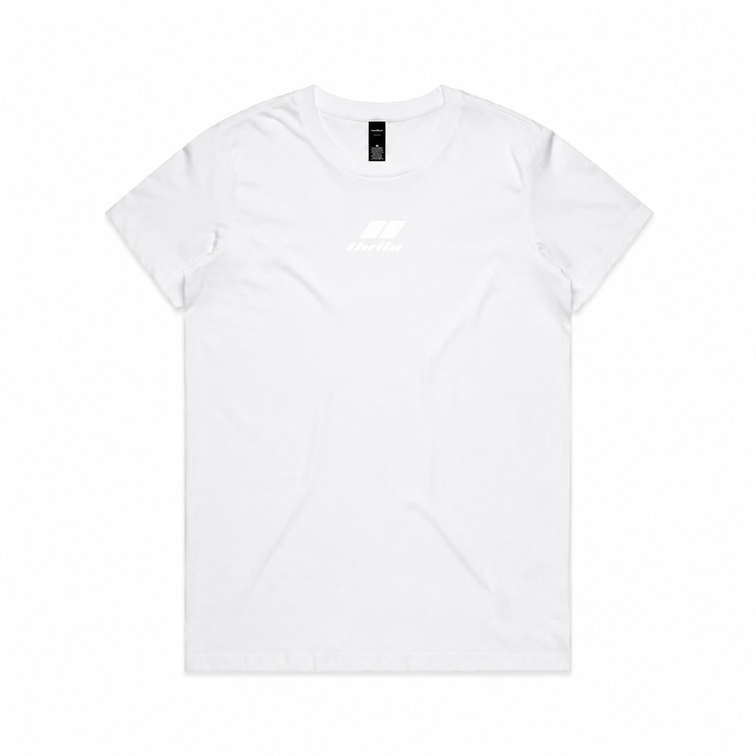 Stealth low-branding ladies tee in white, front view with subtle centre-chest logo