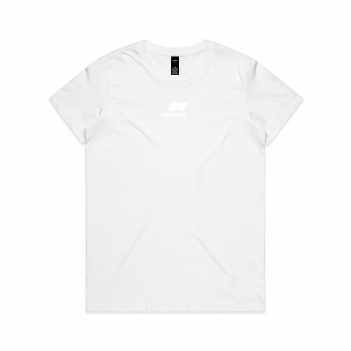 Stealth low-branding ladies tee in white, front view with subtle centre-chest logo