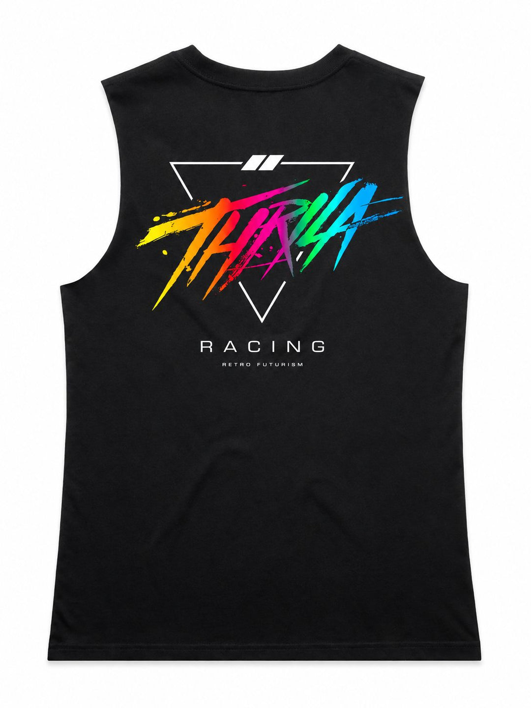 Miami artwork on a black ladies tank, back view