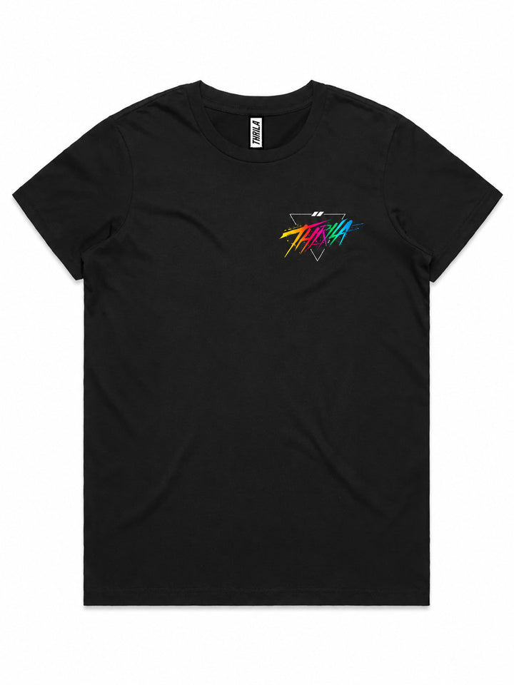 Miami artwork on a black ladies tee, front view