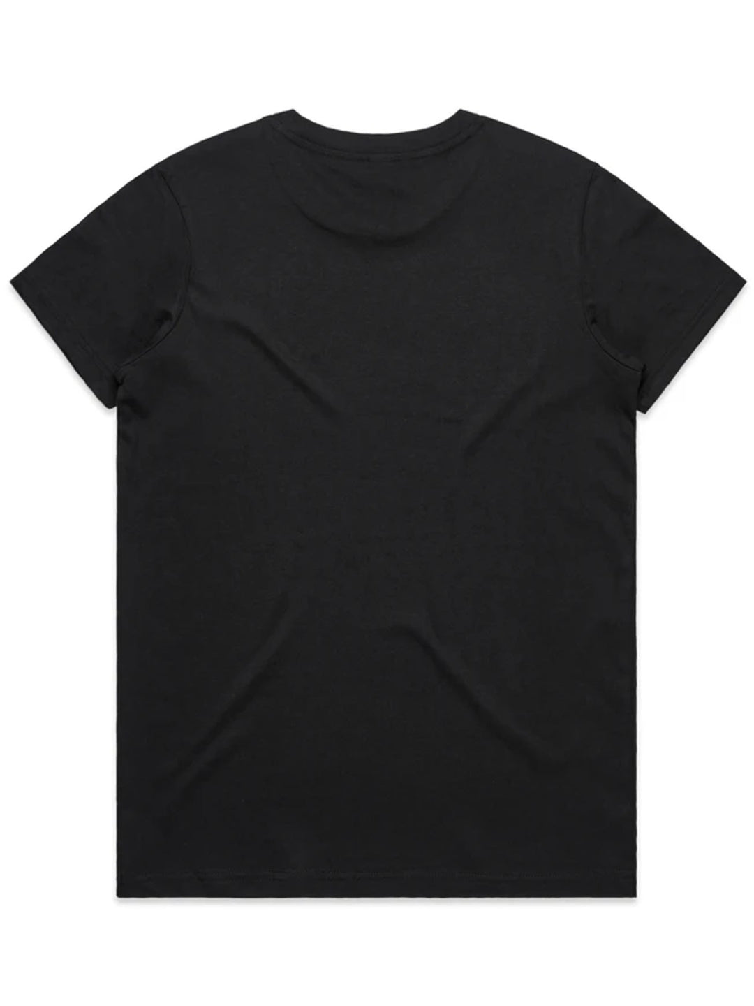 Stealth low-branding ladies tee in black, back view with no print
