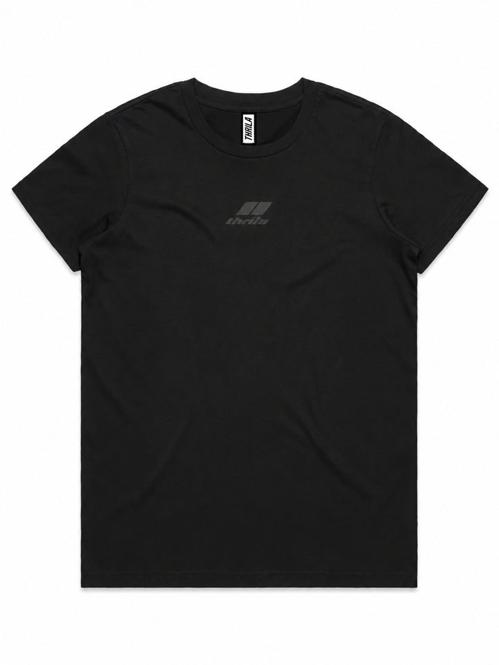 Stealth low-branding ladies tee in black, front view with subtle centre-chest logo