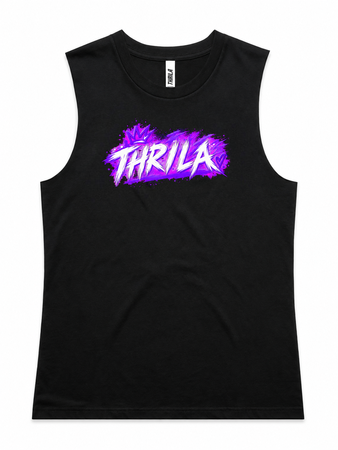 Out the Gate Top — black ladies tank front with white and purple THRILA chest print