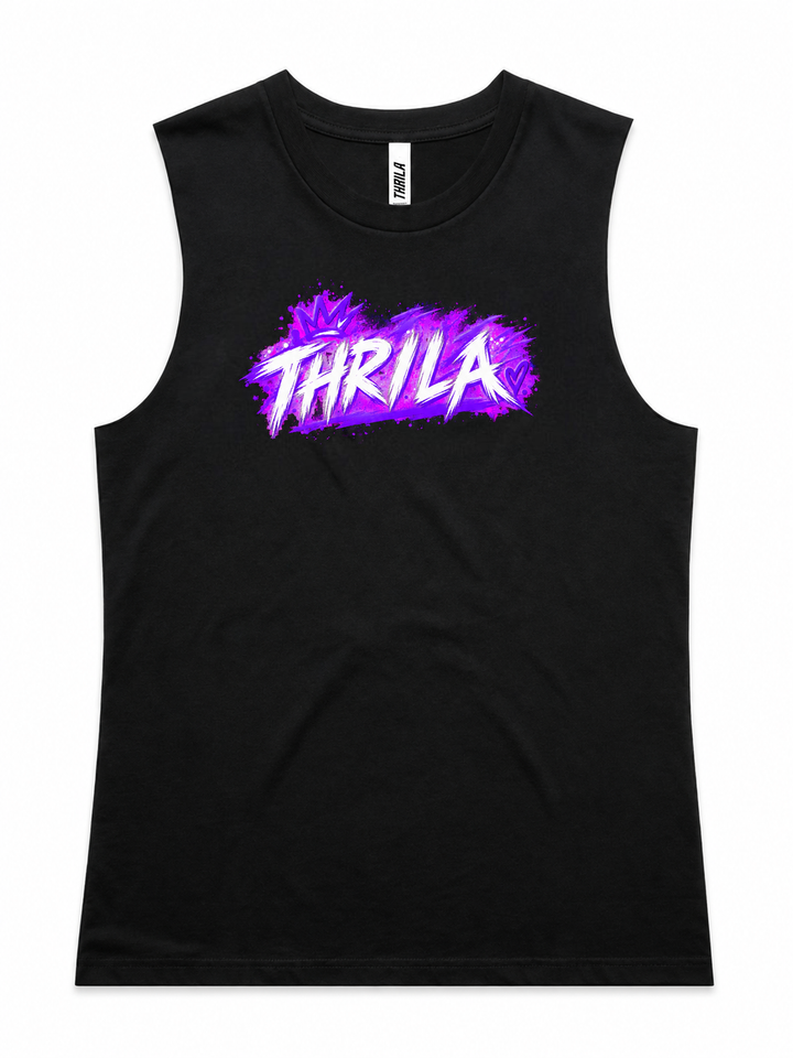 Out the Gate Top — black ladies tank front with white and purple THRILA chest print