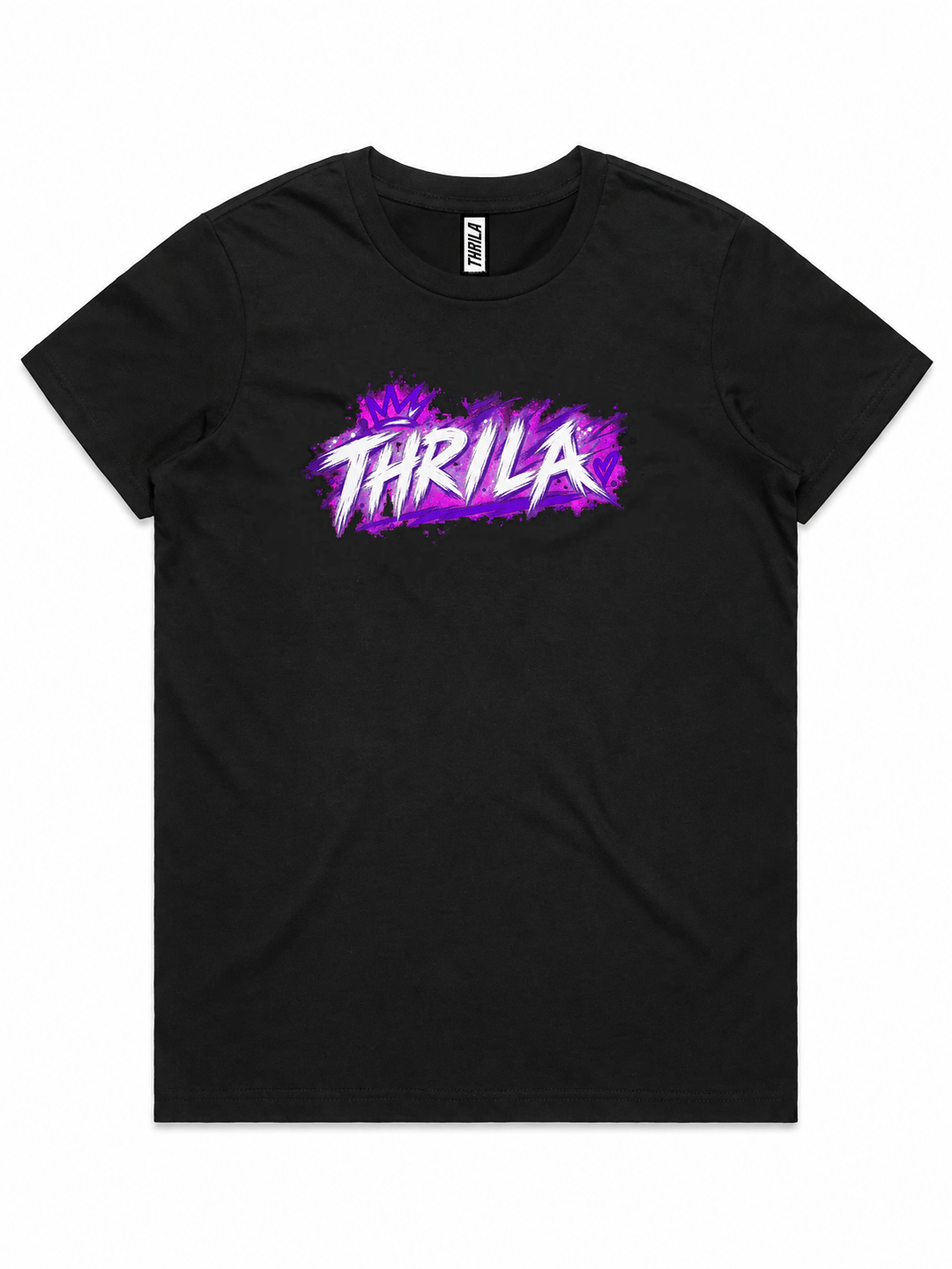 Out the Gate Top — black ladies tee front with white and purple THRILA chest print