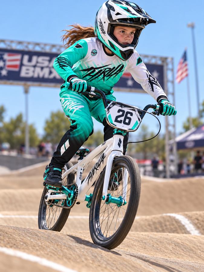 THRILA Vulcan Teal BMX racewear on a rider