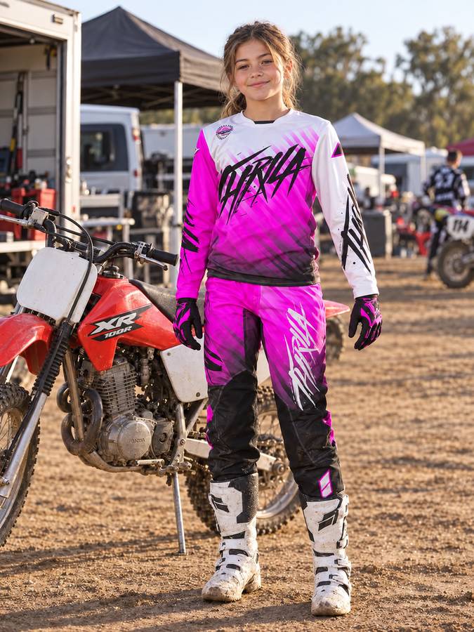 THRILA Vulcan Pink Motocross racewear on a rider