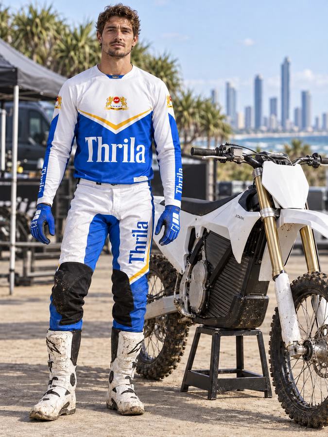 THRILA Winnie Blues Motocross racewear on a rider