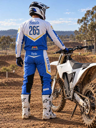 THRILA Winnie Blues Motocross racewear on a rider