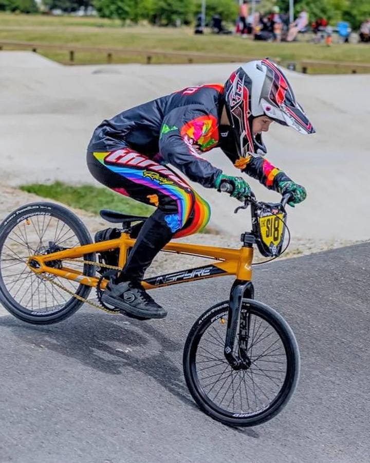 THRILA Candy Black BMX/MTN Bike racewear on a rider